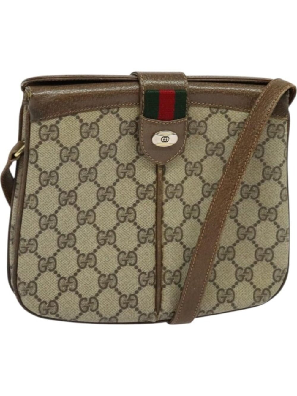 GUCCI GG Supreme Web Sherry Line Shoulder Bag PVC Beige Gold Red